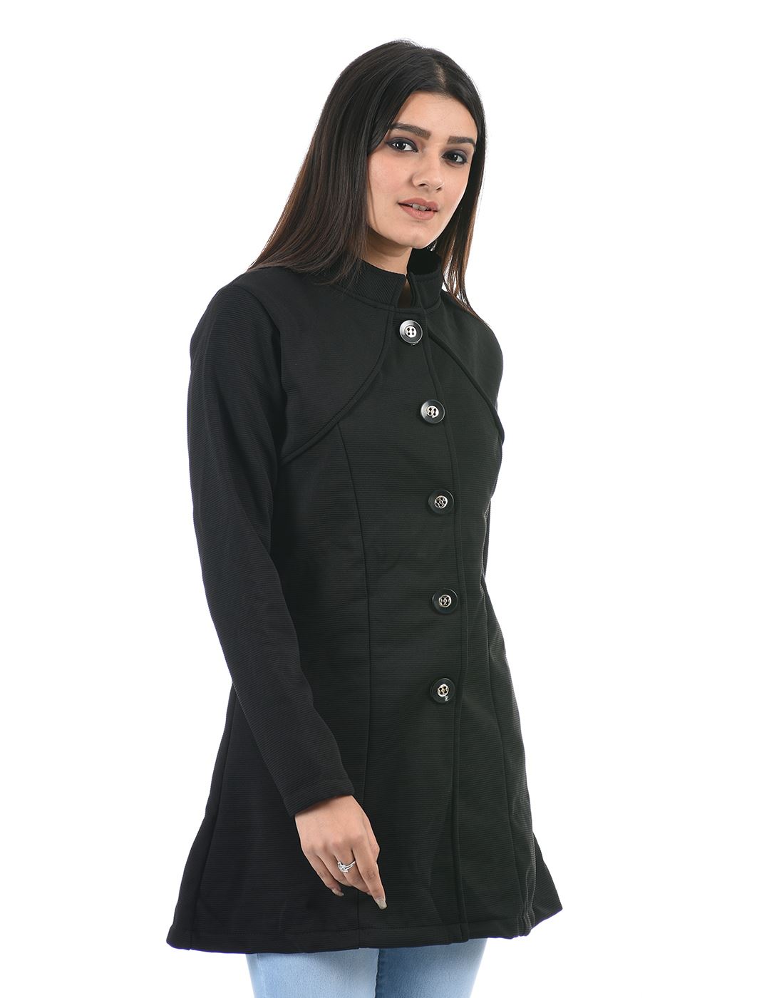 Black Women Casual Wear Solid Black Single Breasted Coat