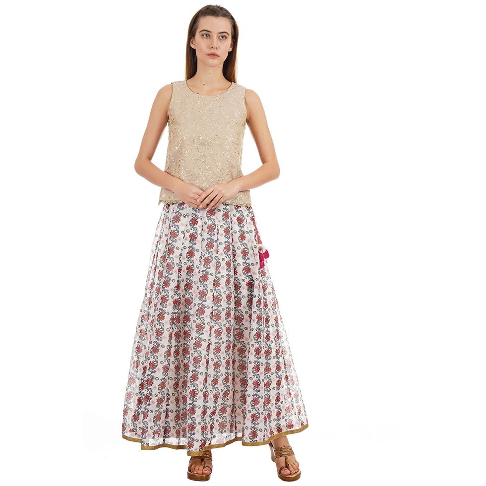 Ethnicity Women Printed White Flared Skirt