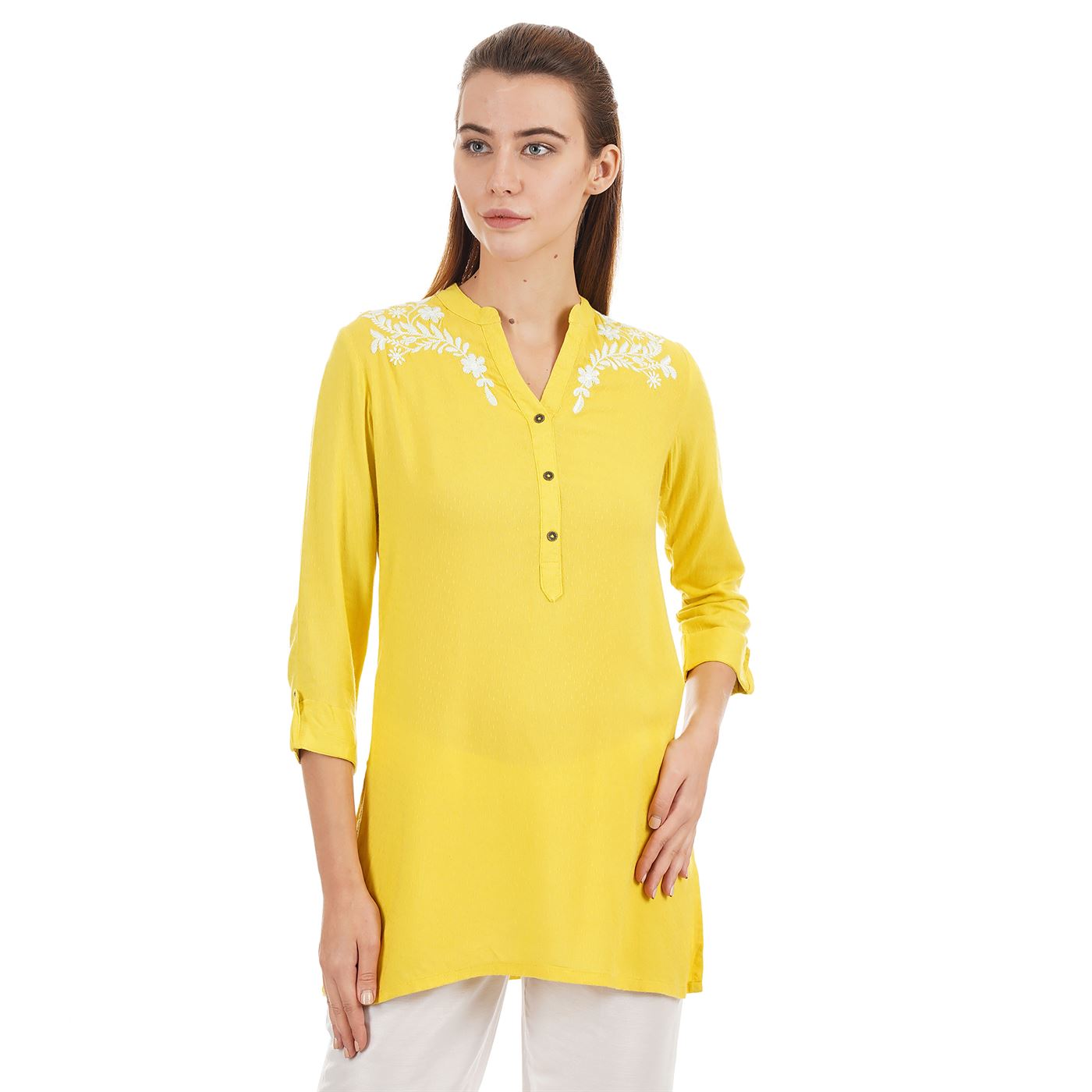 Ethnicity Women Ethnic Wear Yellow Regular Top