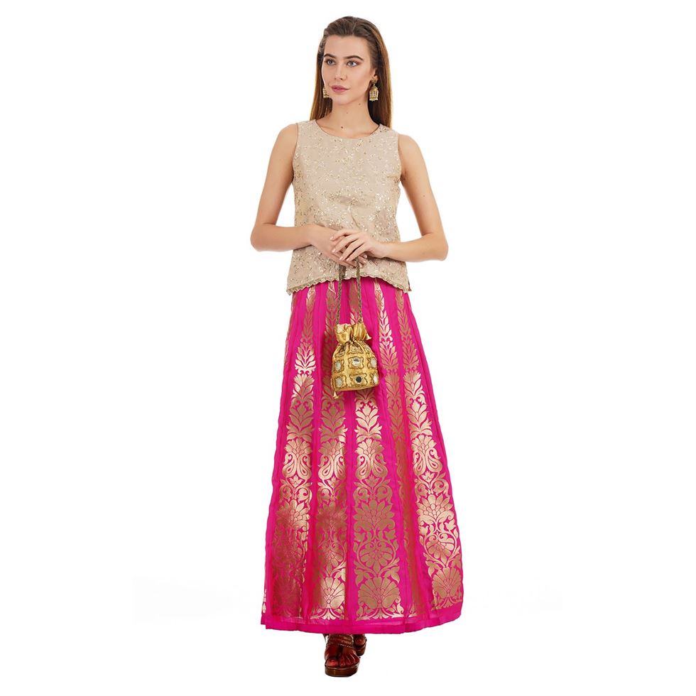 Ethnicity Women Block Print Pink Flared Skirt