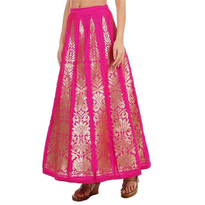 Ethnicity Women Block Print Pink Flared Skirt