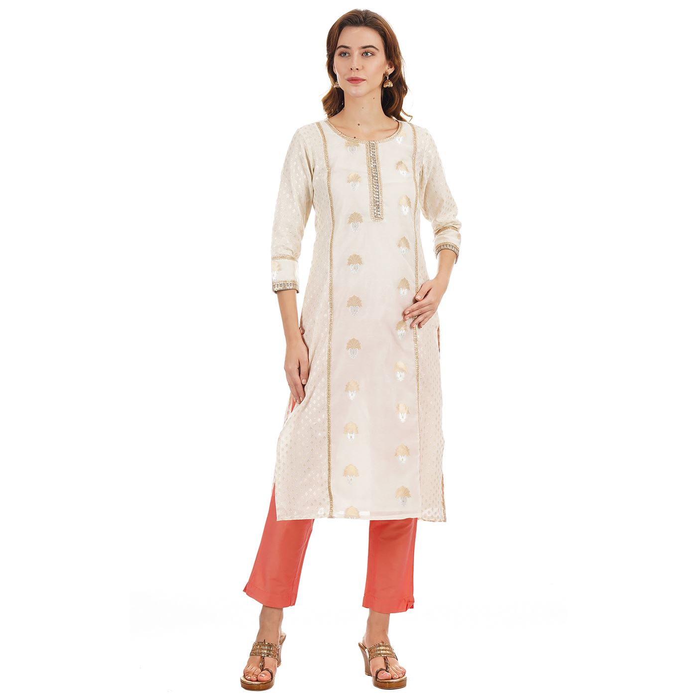 Ethnicity Women Soild Peach Straight Pant