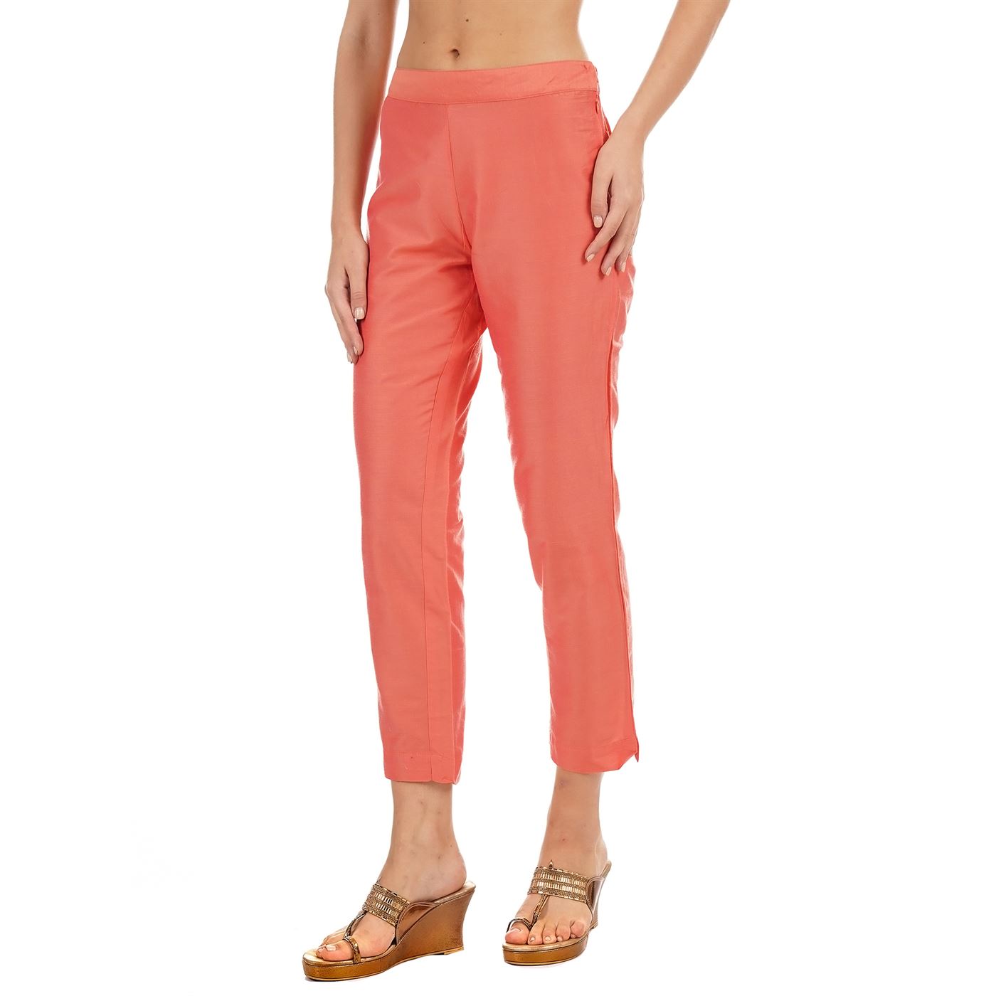 Ethnicity Women Soild Peach Straight Pant