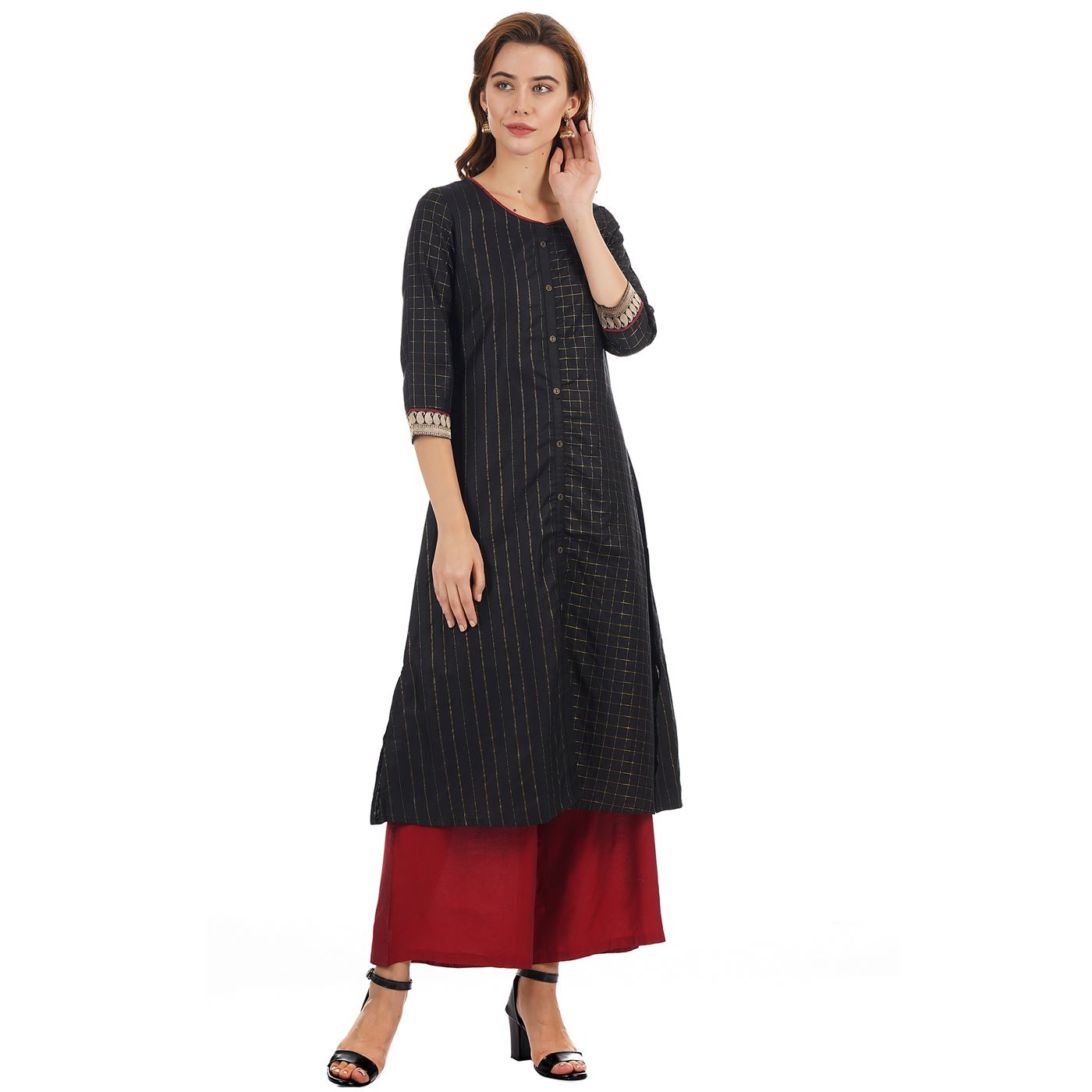 Ethnicity Women Ethnic Wear Black  A-Line Kurta