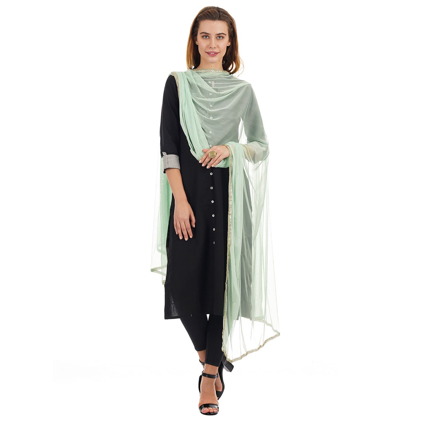 Ethnicity Women Light Green Lace Work Dupatta