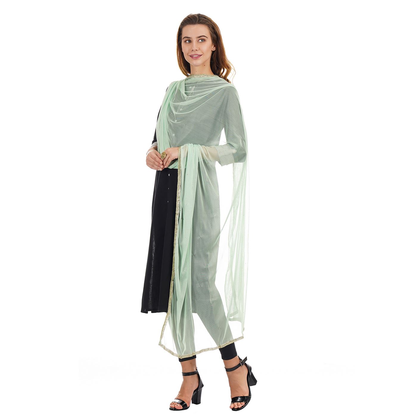 Ethnicity Women Light Green Lace Work Dupatta