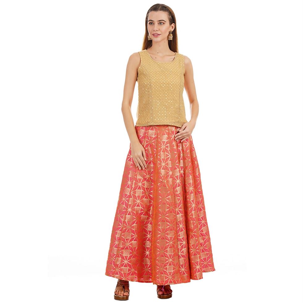 Ethnicity Women Printed Peach Flared Skirt