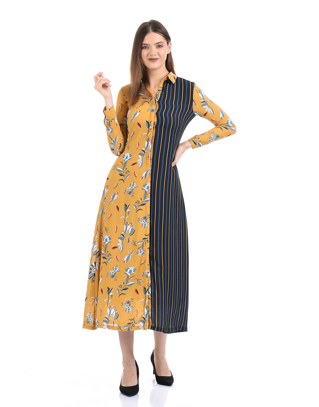 Madame Women Casual Wear Yellow Fit and Flare Dress