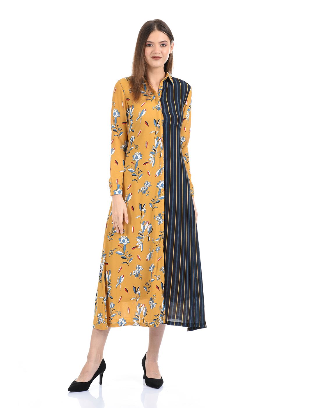 Madame Women Casual Wear Yellow Fit and Flare Dress