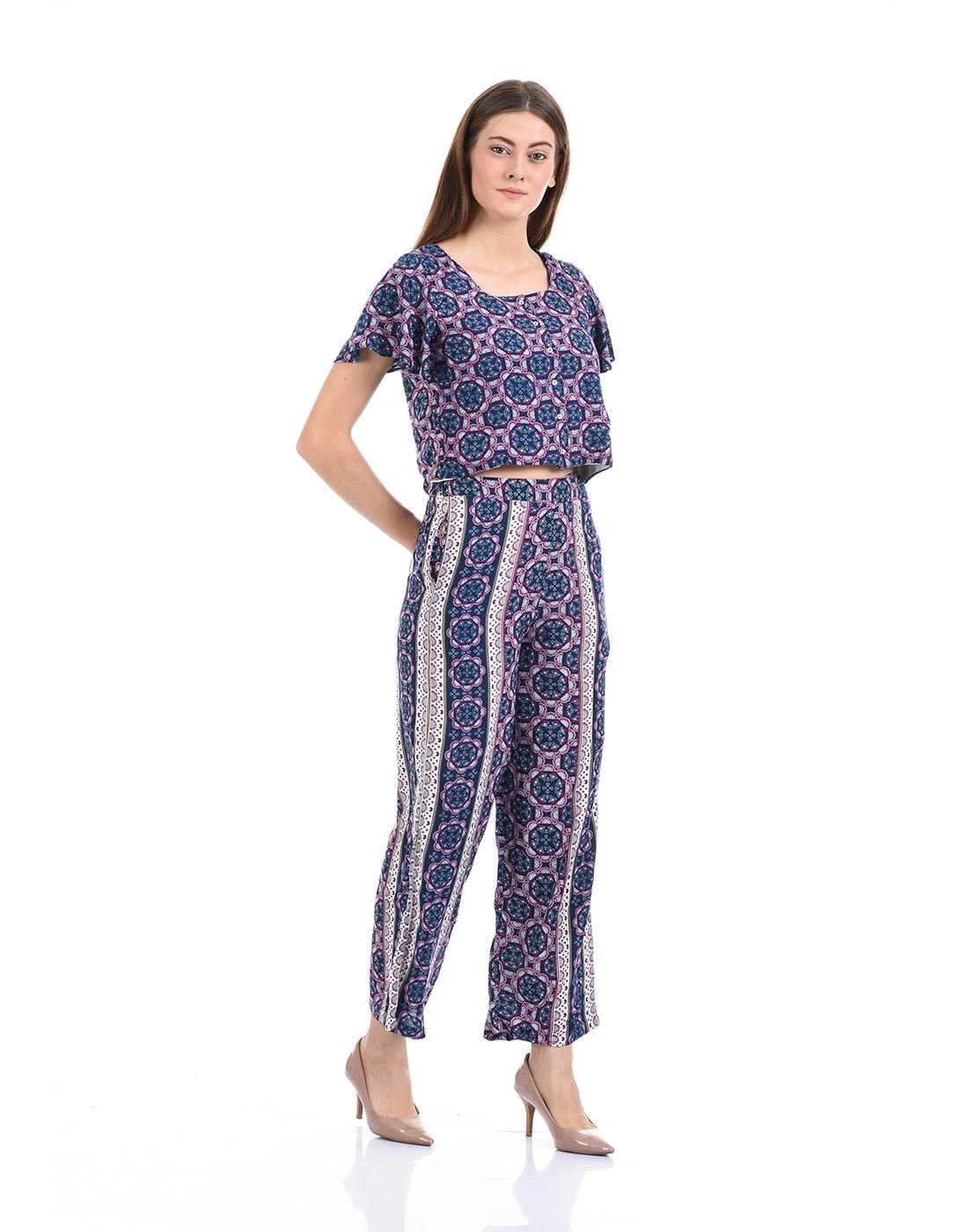 Madame Women Casual Wear Multicolor Palazzo and Top Set
