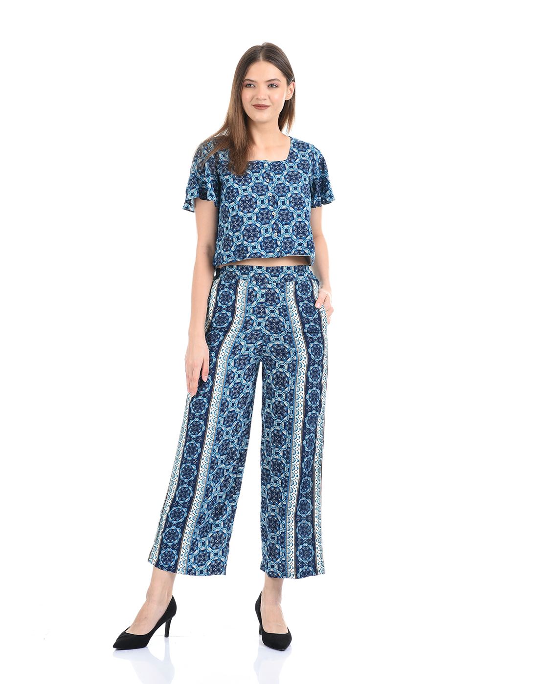 Madame Women Casual Wear Blue Palazzo and Top Set
