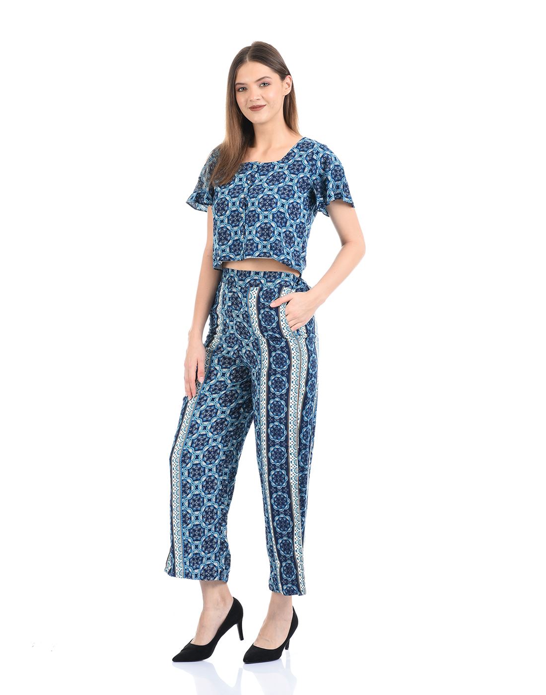 Madame Women Casual Wear Blue Palazzo and Top Set