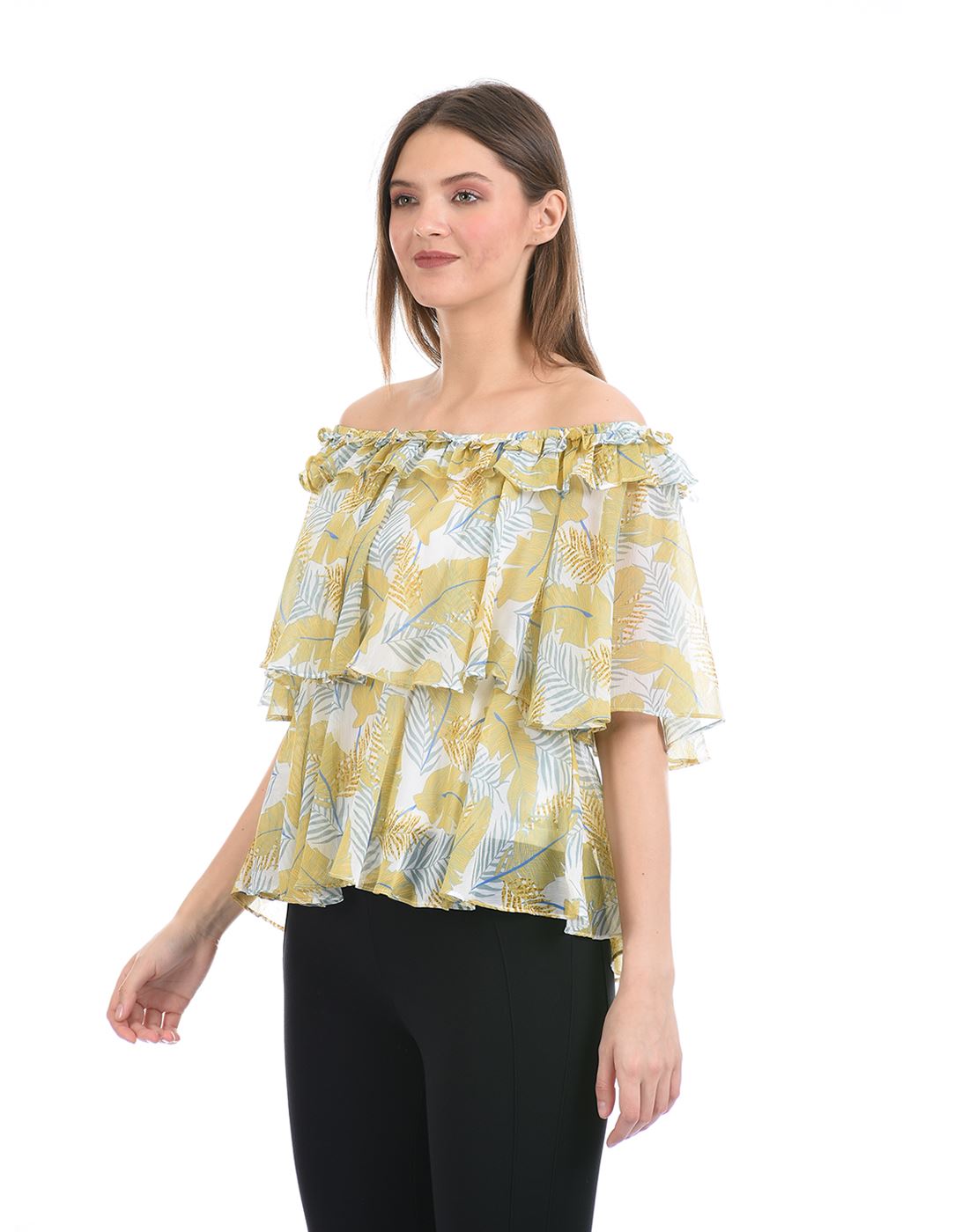 Madame Women Casual Wear Yellow Ruffle Top