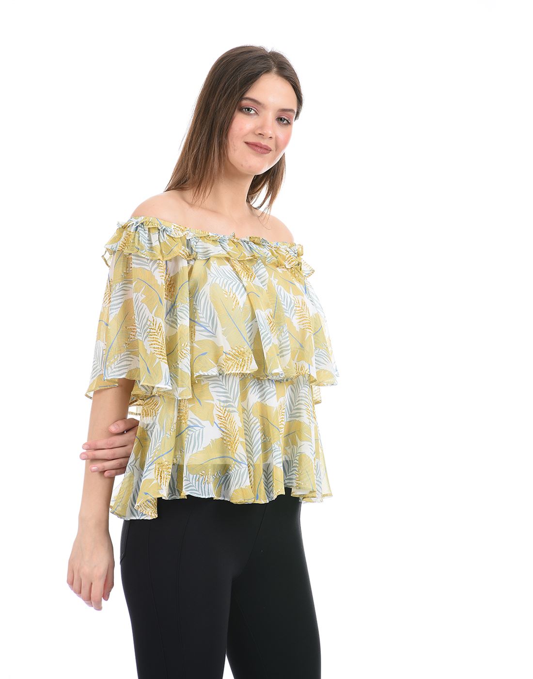 Madame Women Casual Wear Yellow Ruffle Top