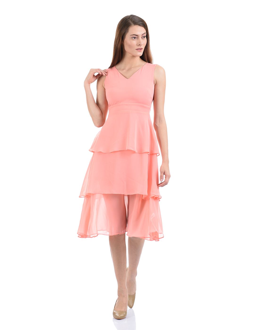 Madame Women Casual Wear Pink Ruffled Dress