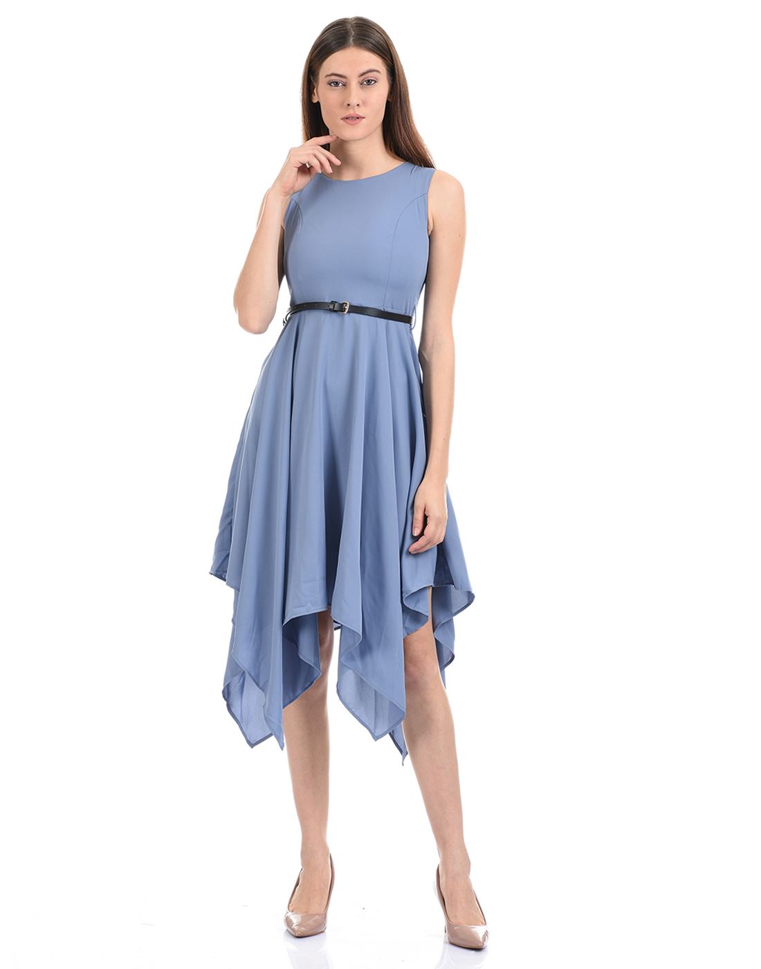 Madame Women Casual Wear Blue Asymmetrical Dress