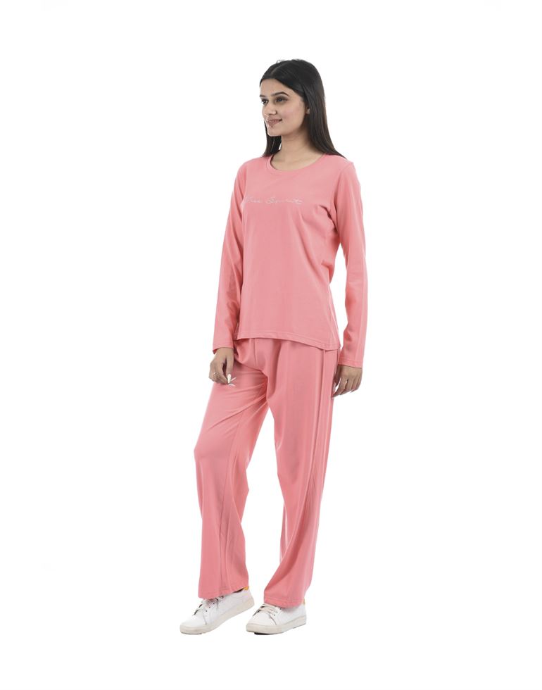 Oneway Women Pink Printed Round Neck Night Suit