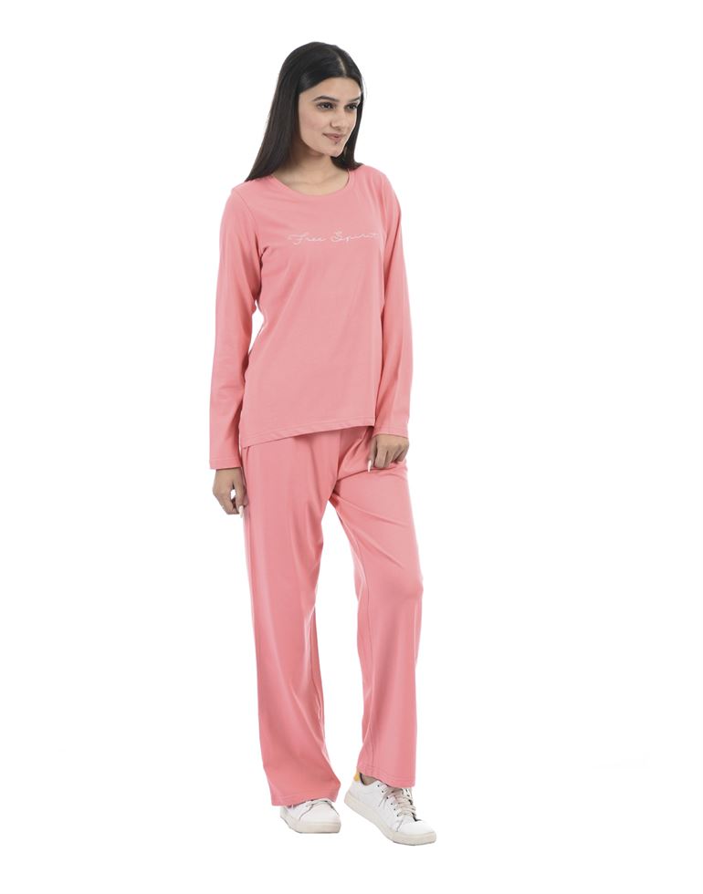 Oneway Women Pink Printed Round Neck Night Suit