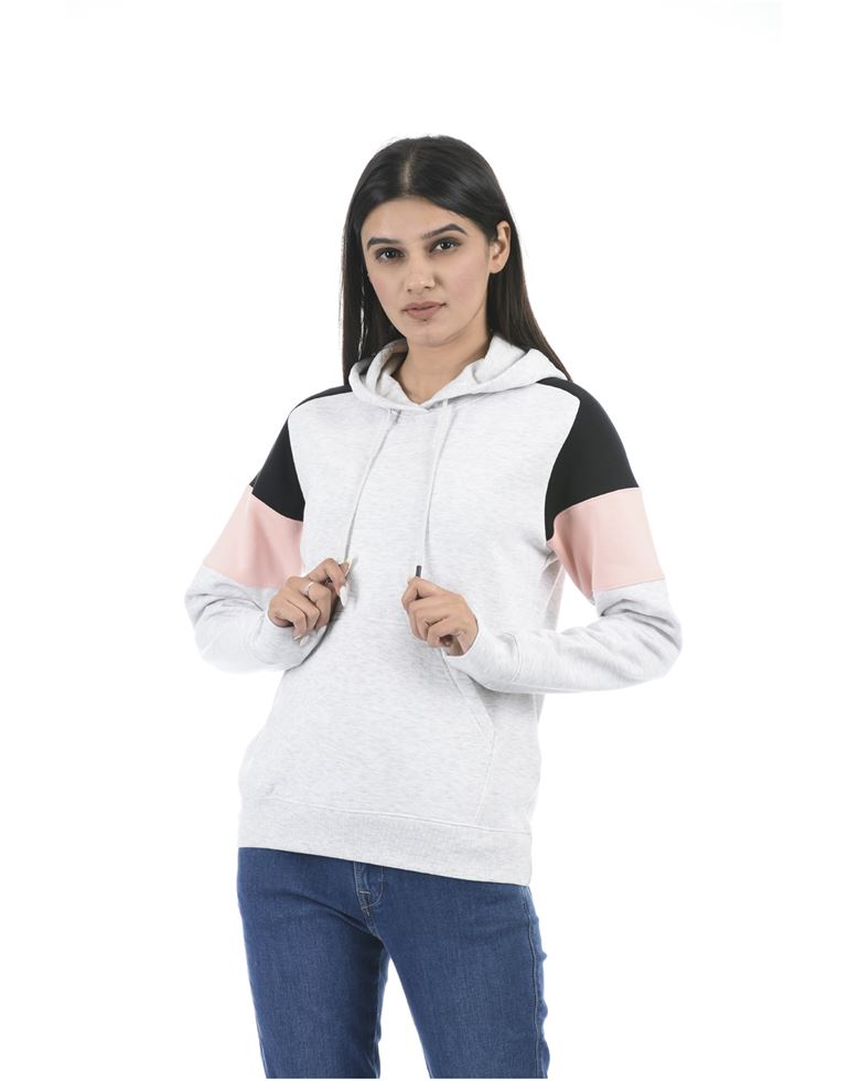 Oneway Women Grey Color Block Hooded Sweat Shirt