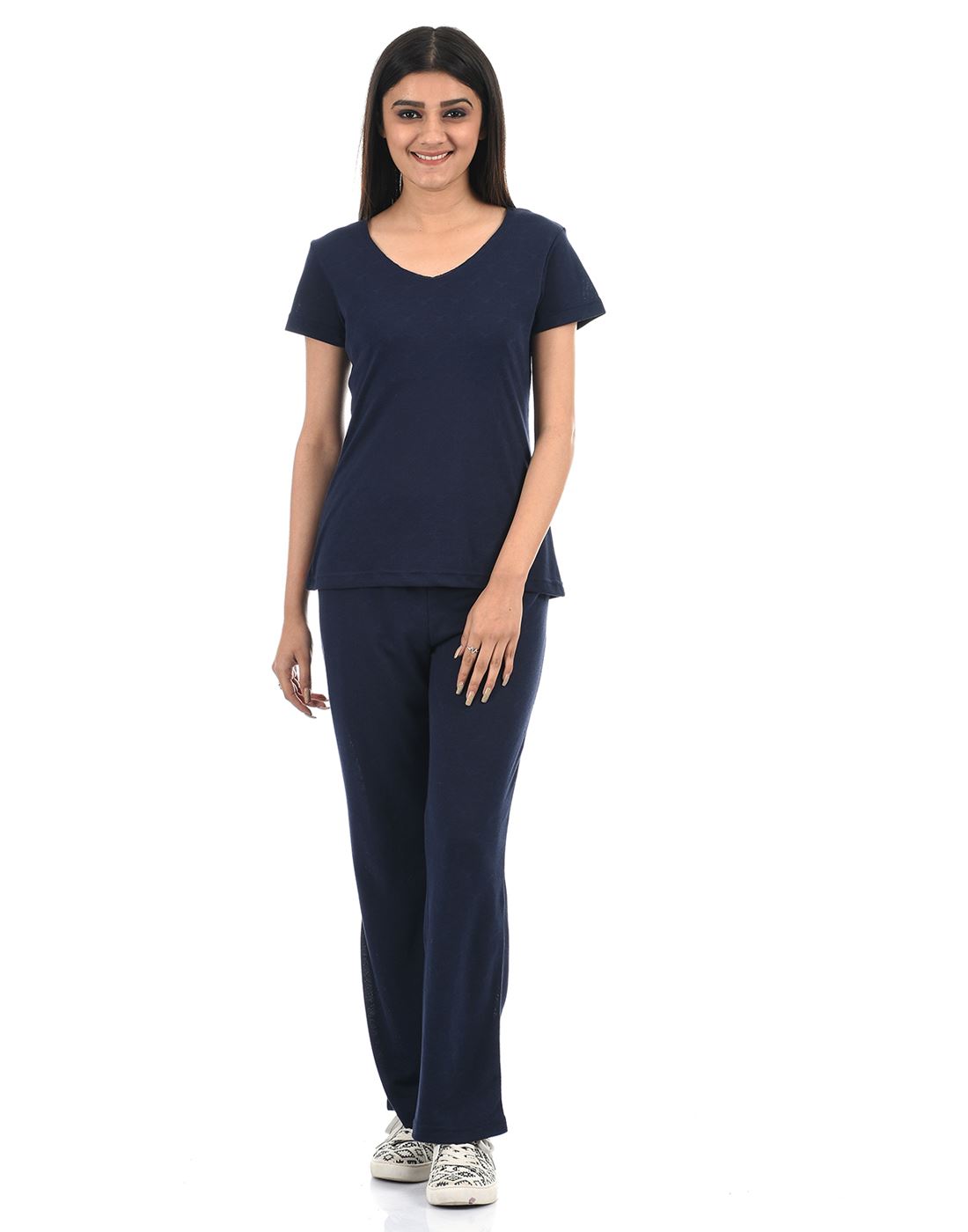 Oneway Women Navy Blue Solid V-neck Night Suit