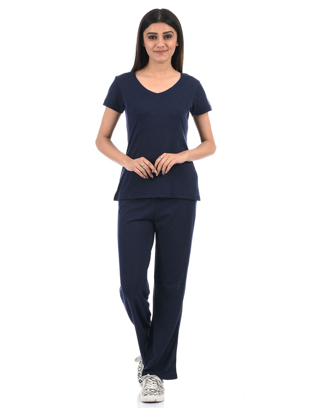 Oneway Women Navy Blue Solid V-neck Night Suit