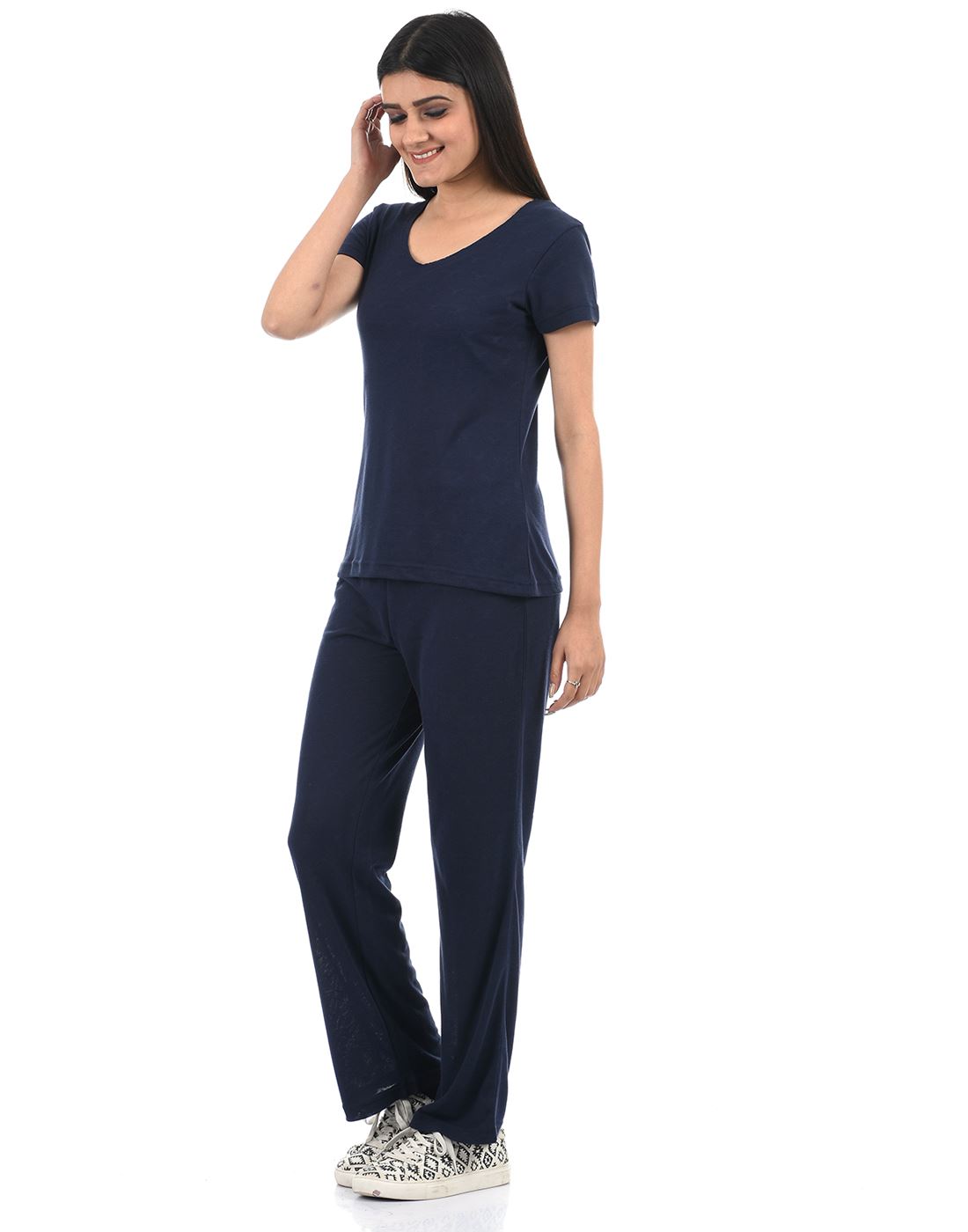 Oneway Women Navy Blue Solid V-neck Night Suit