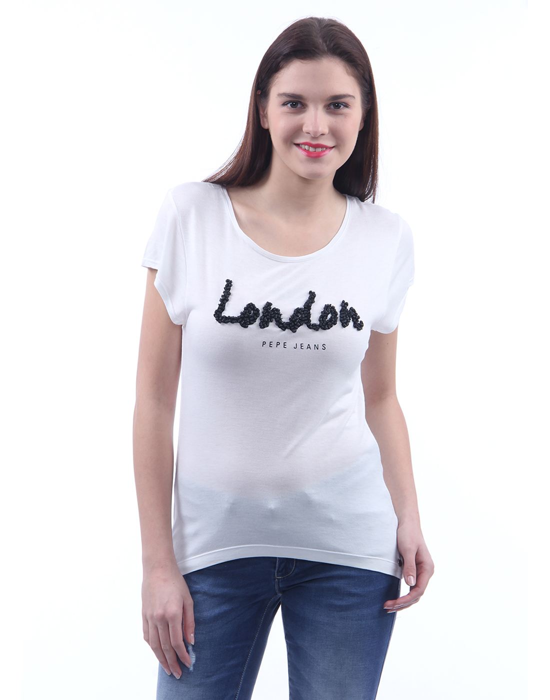 Pepe Jeans Women Casual Wear White Embellished T-Shirt | White | 152593