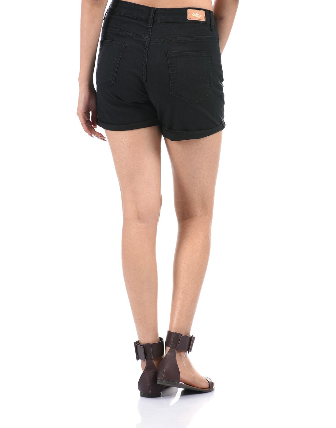Talia Women Casual Wear Clean Look Mid Rise Black Denim Shorts