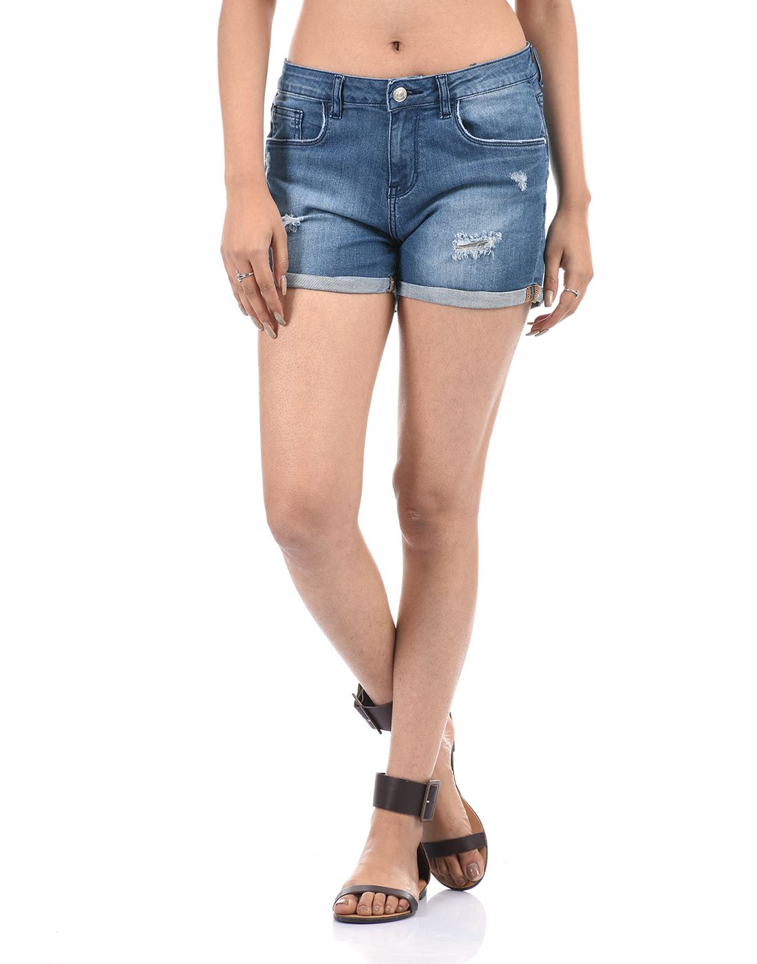 Talia Women Casual Wear Mild Distress Mid Rise Blue Denim Shorts