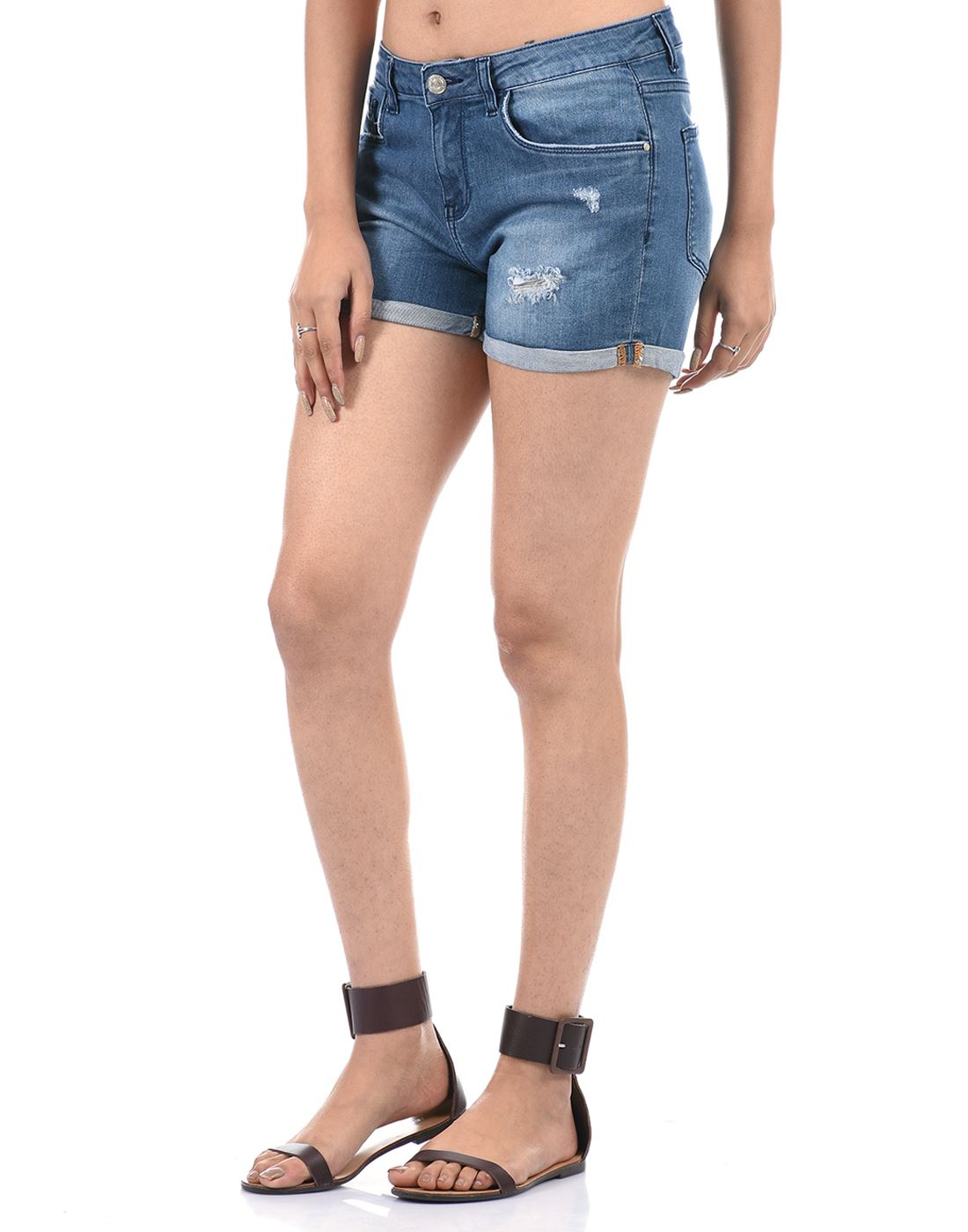 Talia Women Casual Wear Mild Distress Mid Rise Blue Denim Shorts