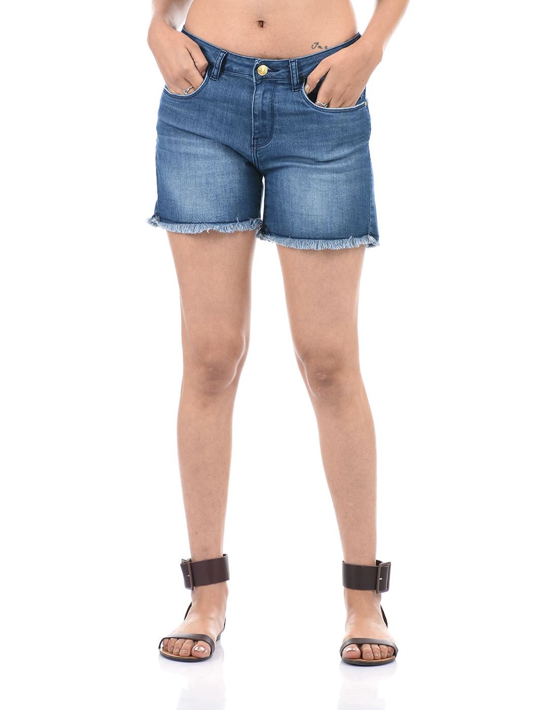 Talia Women Casual Wear Raw Edges/Fringed Hem Mid Rise Blue Denim Shorts