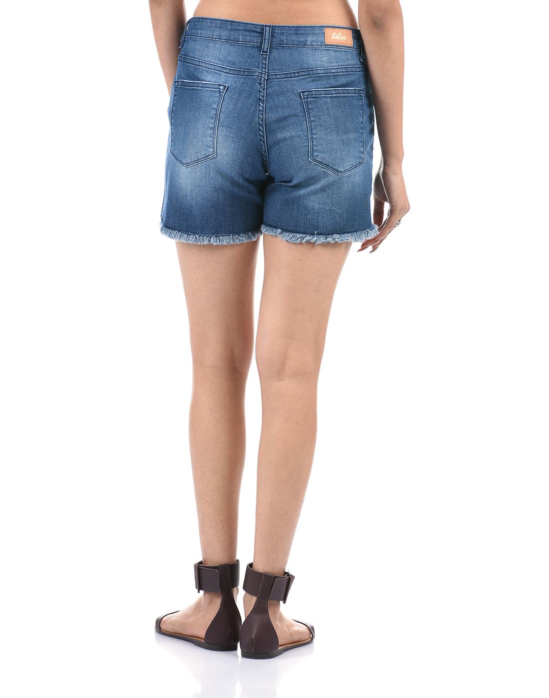 Talia Women Casual Wear Raw Edges/Fringed Hem Mid Rise Blue Denim Shorts