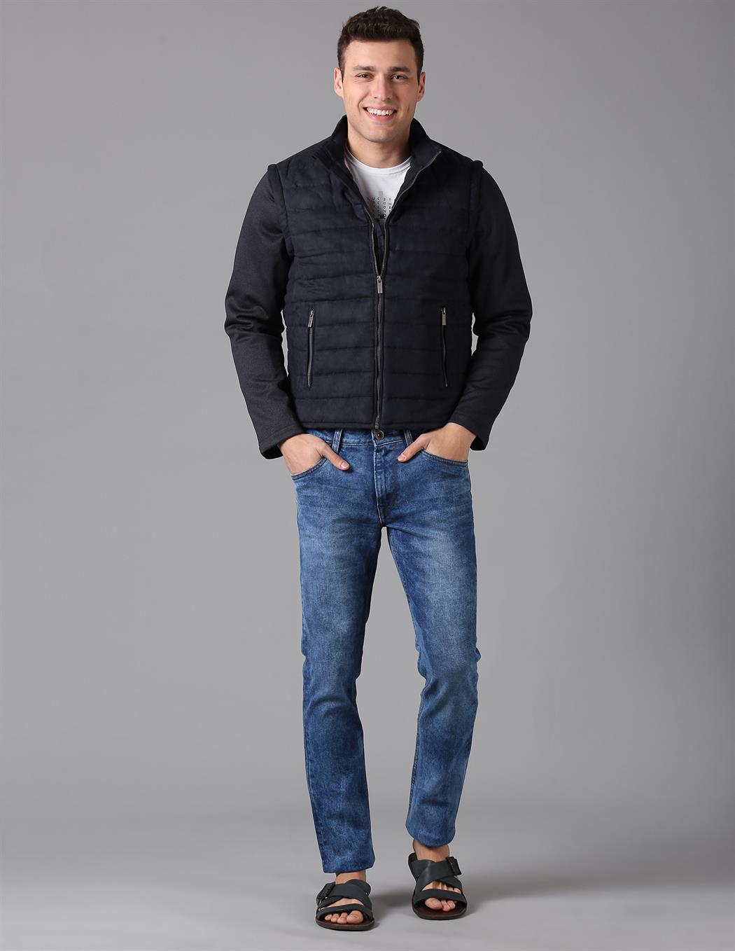 True Blue Men Casual Wear Solid Jacket With Detachable Sleeves