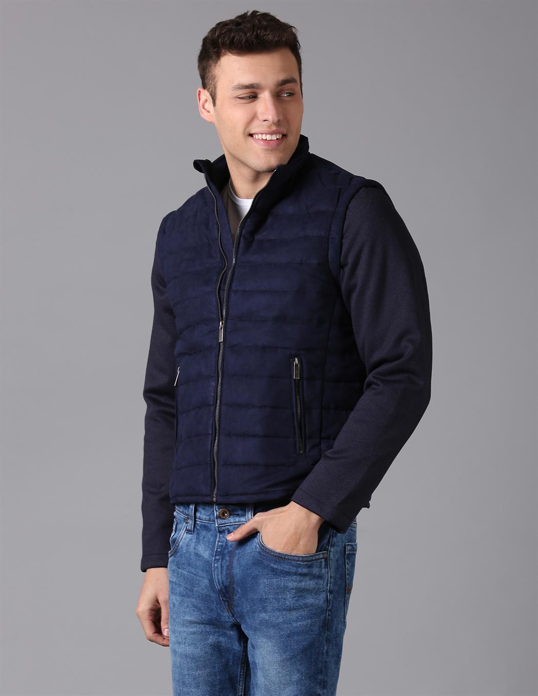 True Blue Men Casual Wear Solid Jacket With Detachable Sleeves