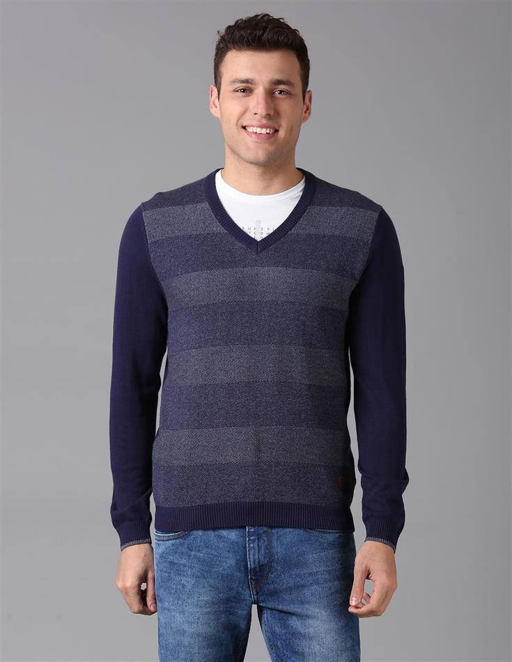 True Blue Men Casual Wear Striped Sweater