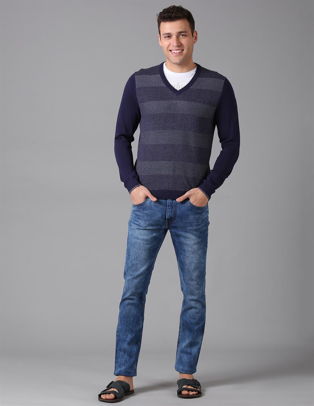 True Blue Men Casual Wear Striped Sweater