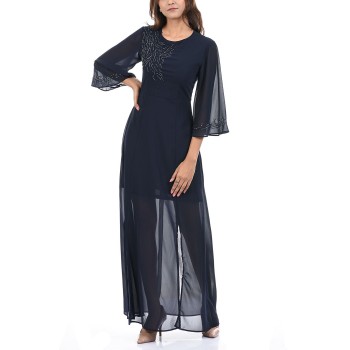 Madame Women Party Wear Embellished Navy Blue Maxi Dress