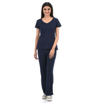 Oneway Women Navy Blue Solid V-neck Night Suit