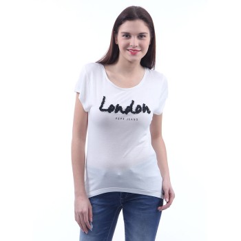 Pepe Jeans Women Casual Wear White Embellished T-Shirt