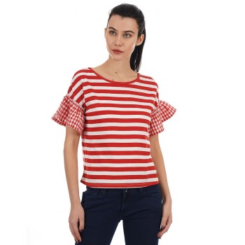 Pepe Jeans Women Casual Wear Red Striped T-Shirt